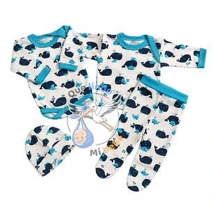 Ajuar 4 Piezas con Diseño Talla 3/6 Meses Blanco/Calipso Ballenas
