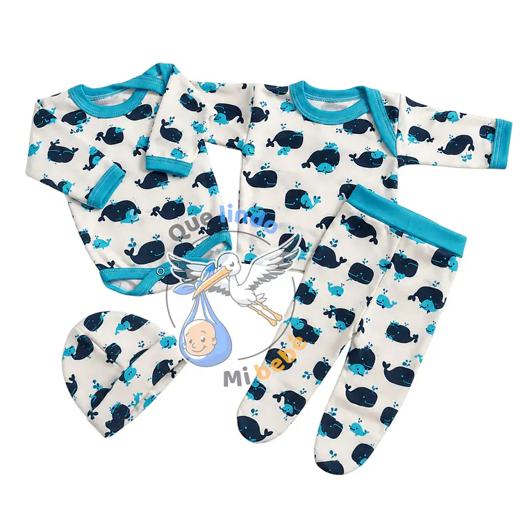 Ajuar 4 Piezas con Diseño Talla 3/6 Meses Blanco/Calipso Ballenas 1