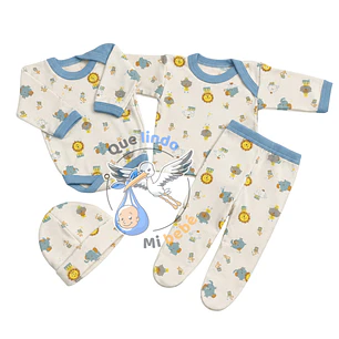 Ajuar 4 Piezas con Diseño Talla 3/6 Meses Blanco/Azul León