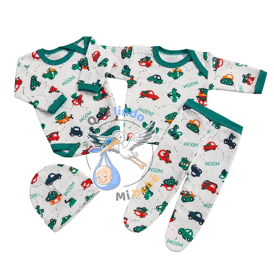 Ajuar 4 Piezas con Diseño Talla 3/6 Meses Blanco/Verde Camiones 1