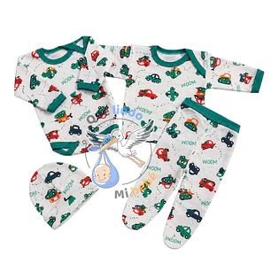 Ajuar 4 Piezas con Diseño Talla 3/6 Meses Blanco/Verde Camiones