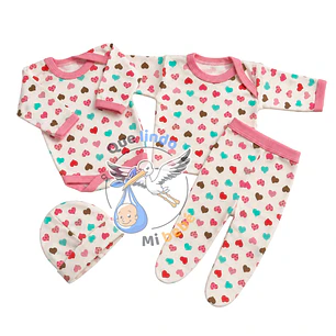Ajuar 4 Piezas con Diseño Talla 3/6 Meses Blanco/Rosado Corazones