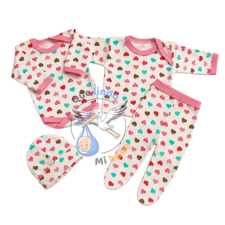 Ajuar 4 Piezas con Diseño Talla 3/6 Meses Blanco/Rosado Corazones 1