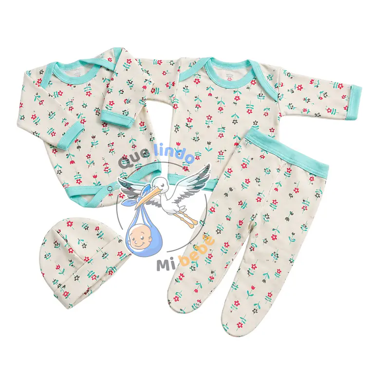 Ajuar 4 Piezas con Diseño Talla 3/6 Meses Blanco/Calipso Flores 1