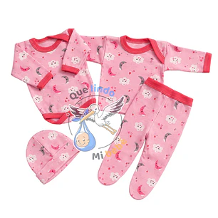 Ajuar 4 Piezas con Diseño Talla 3/6 Meses Rosado/Fucsia Lunas