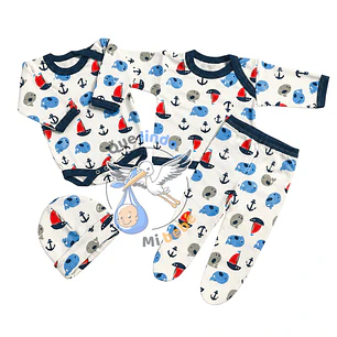 Ajuar 4 Piezas con Diseño Talla 3/6 Meses Blanco/Azul Barco