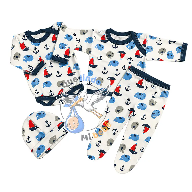 Ajuar 4 Piezas con Diseño Talla 3/6 Meses Blanco/Azul Barco 1