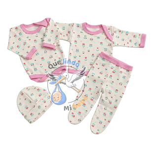 Ajuar 4 Piezas con Diseño Talla 3/6 Meses Blanco/Rosado Flores