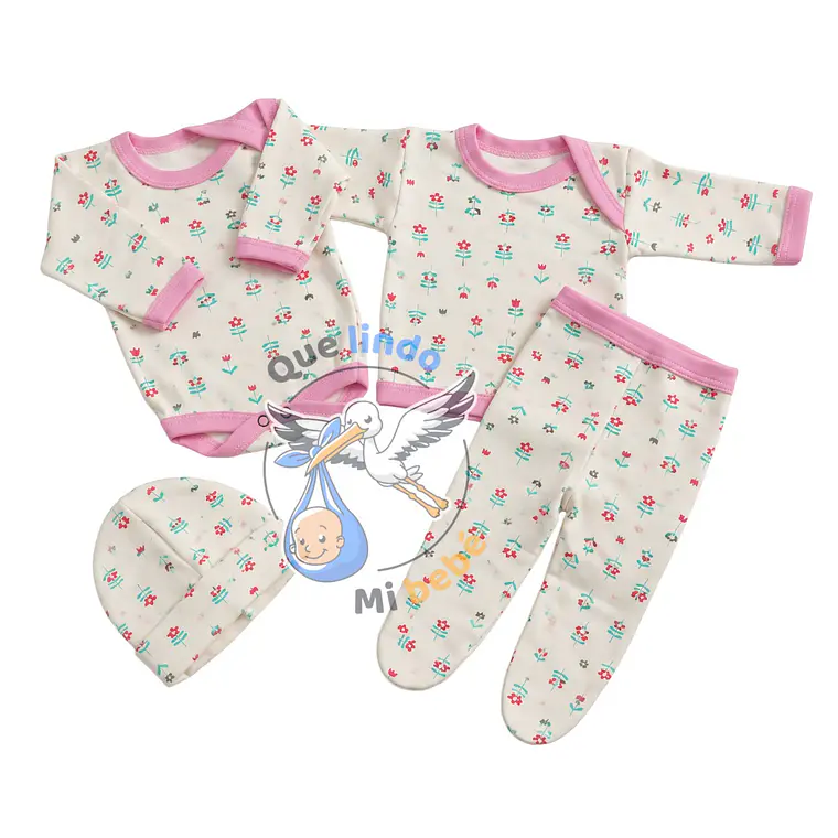 Ajuar 4 Piezas con Diseño Talla 3/6 Meses Blanco/Rosado Flores 1