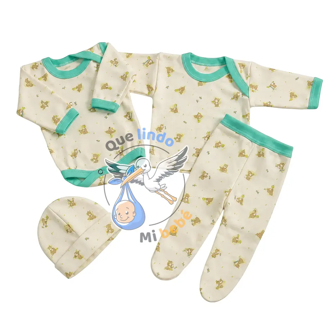 Ajuar 4 Piezas con Diseño Talla 3/6 Meses Crema/Verde Osito 1