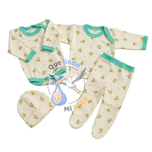 Ajuar 4 Piezas con Diseño Talla 3/6 Meses Crema/Verde Osito