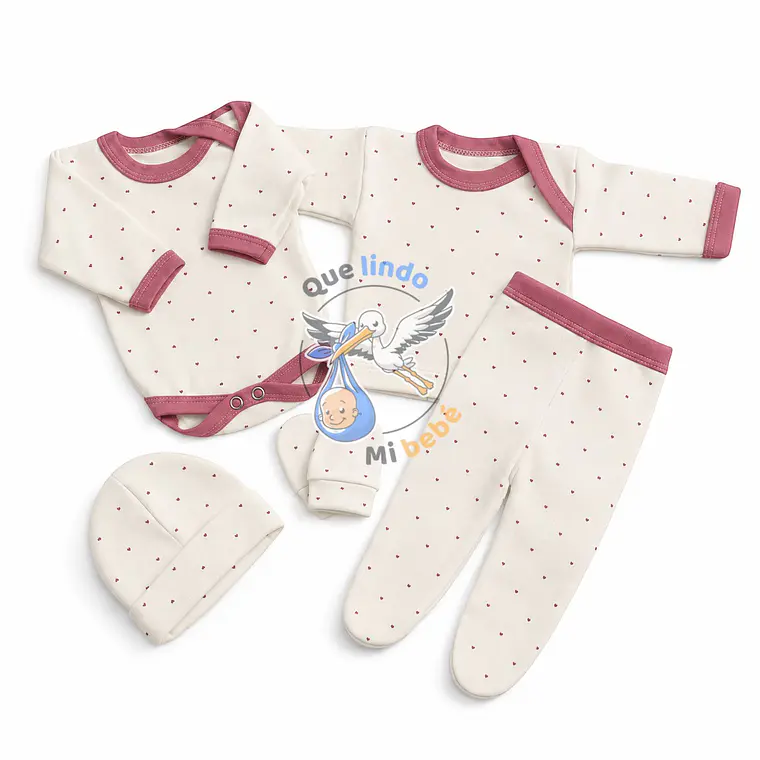 Ajuar 5 Piezas con Diseño Talla 0/3 Meses Blanco/Palo Rosa Corazon 1