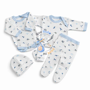Ajuar 5 Piezas con Diseño Talla 0/3 Meses Blanco/Celeste Dinosaurio