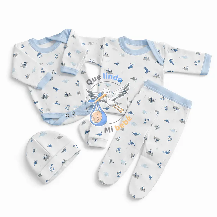 Ajuar 5 Piezas con Diseño Talla 0/3 Meses Blanco/Celeste Dinosaurio 1
