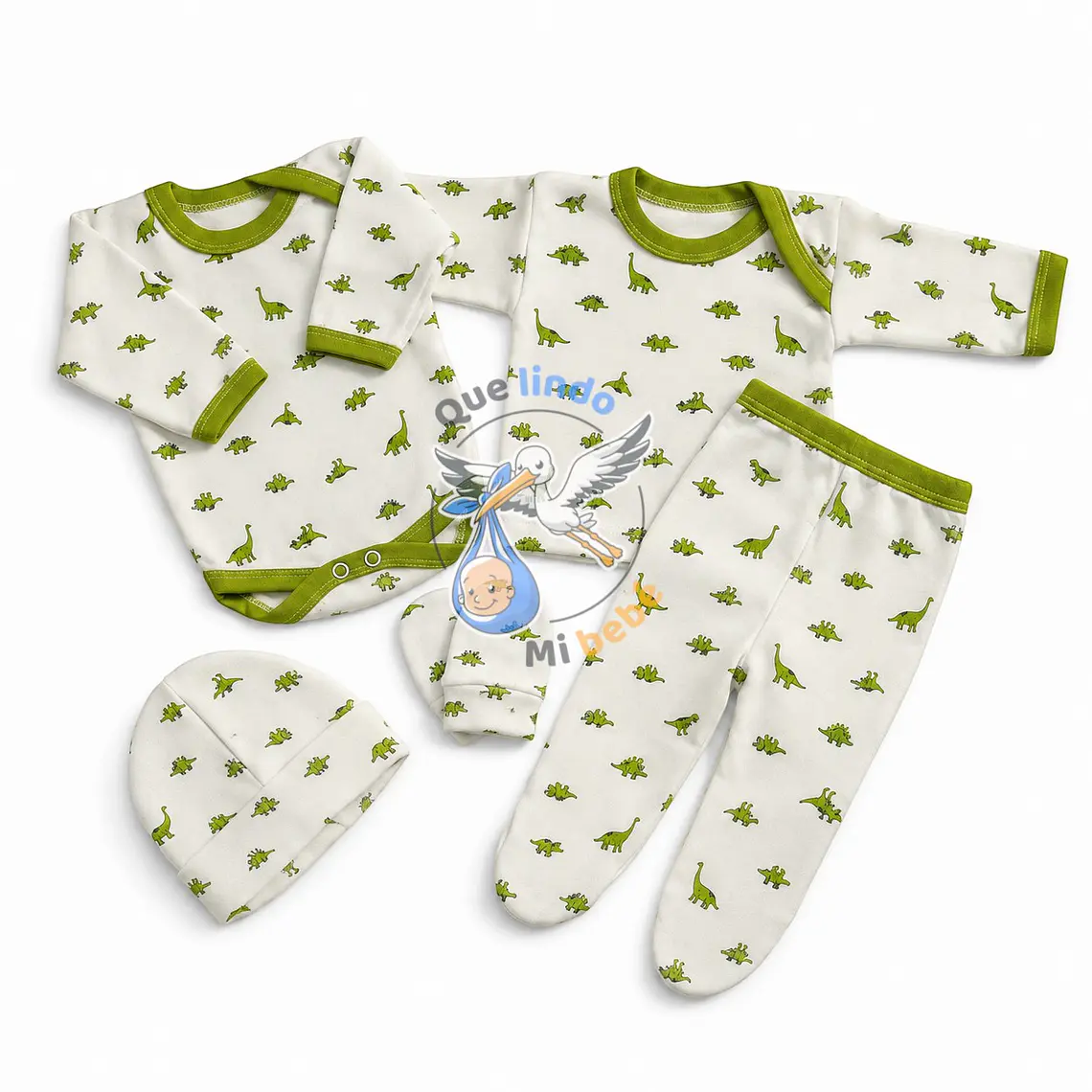 Ajuar 5 Piezas con Diseño Talla 0/3 Meses Blanco/Verde Dinosaurios 1