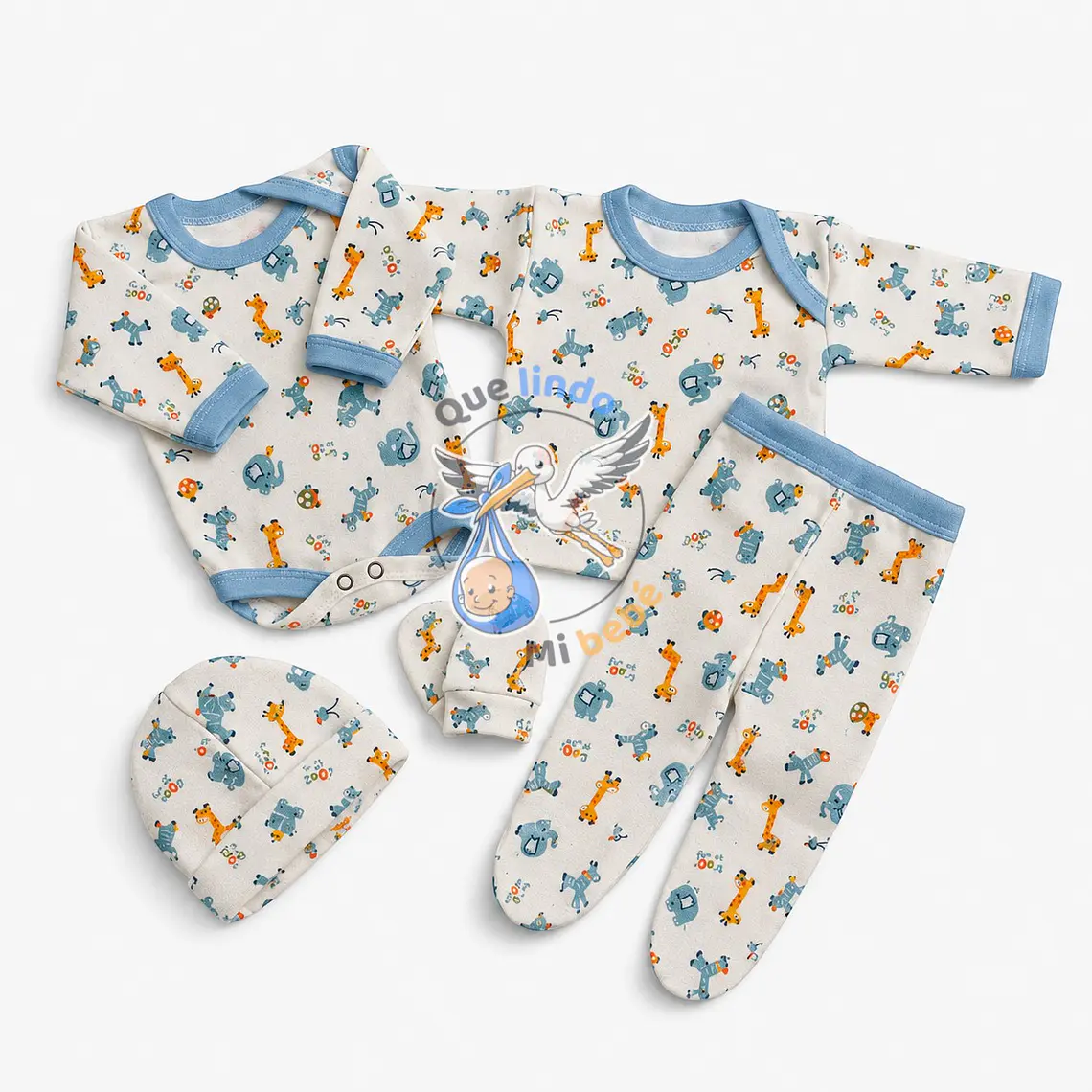 Ajuar 5 Piezas con Diseño Talla 0/3 Meses Blanco/Celeste Animalitos 1