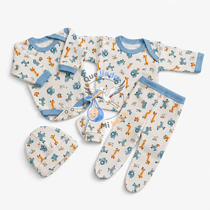 Ajuar 5 Piezas con Diseño Talla 0/3 Meses Blanco/Celeste Animalitos