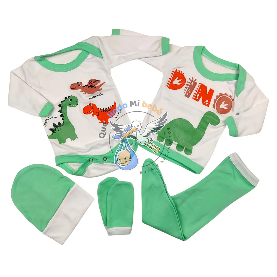 Ajuar Dinosaurios 5 Piezas 0/3 Meses Blaco/Verde Agua 1