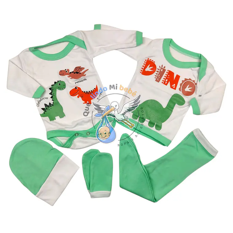 Ajuar Dinosaurios 5 Piezas 0/3 Meses Blaco/Verde Agua 1
