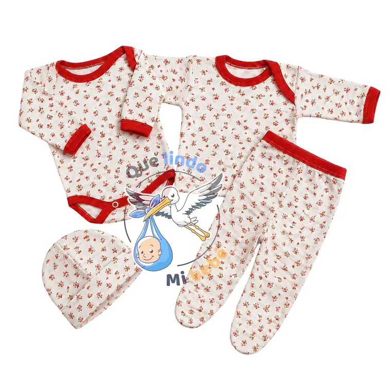 Ajuar 4 Piezas con Diseño Talla 3/6 Meses Blanco/Fucsia Flores 1