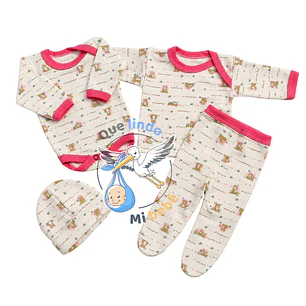 Ajuar 4 Piezas con Diseño Talla 3/6 Meses Crema/Rosado Osito