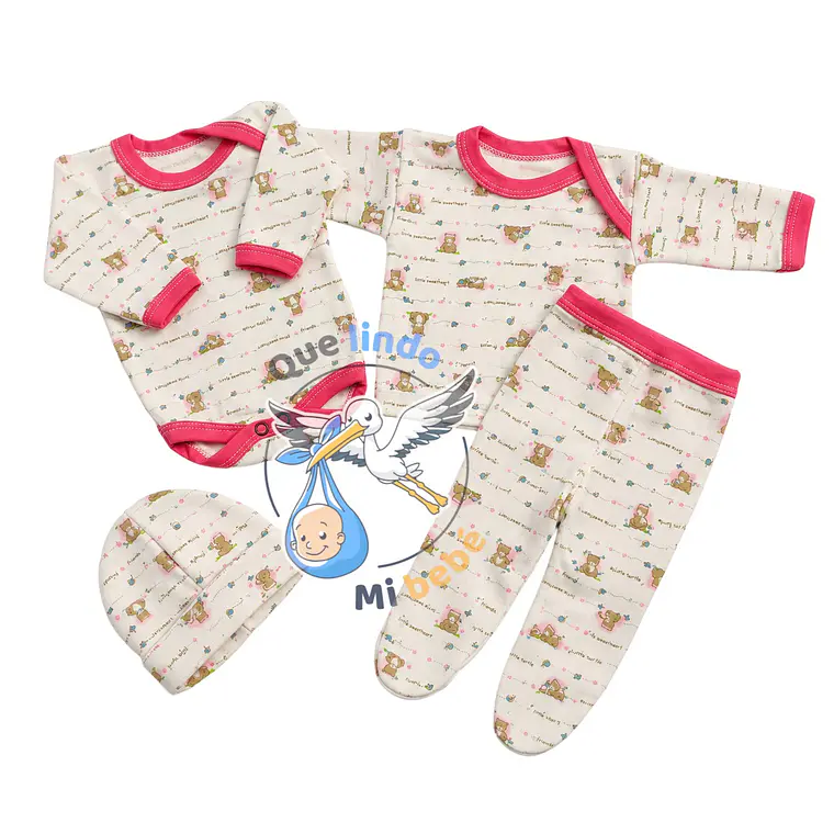 Ajuar 4 Piezas con Diseño Talla 3/6 Meses Crema/Rosado Osito 1