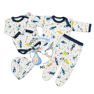 Ajuar 4 Piezas con Diseño Talla 3/6 Meses Blanco/Azul Aviones