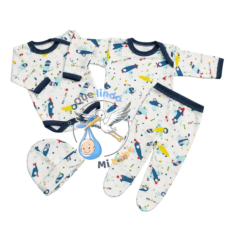 Ajuar 4 Piezas con Diseño Talla 3/6 Meses Blanco/Azul Aviones 1