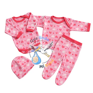 Ajuar 4 Piezas con Diseño Talla 3/6 Meses Rosado Corazones