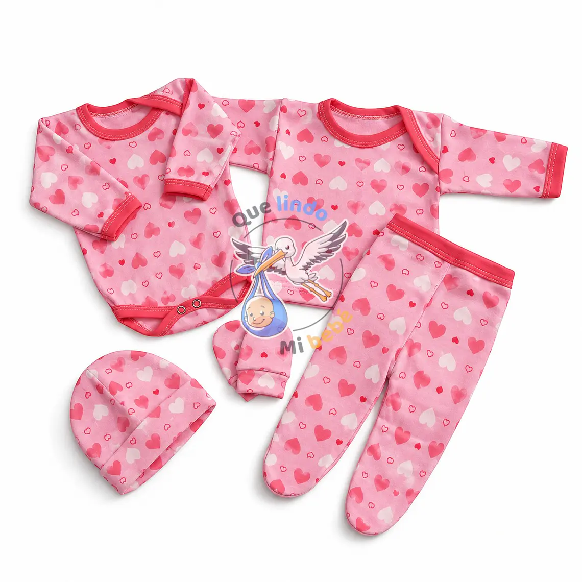 Ajuar 5 Piezas con Diseño Talla 0/3 Meses Rosado Corazones 1