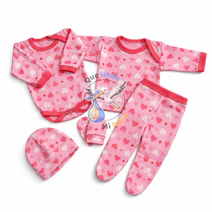 Ajuar 5 Piezas con Diseño Talla 0/3 Meses Rosado Corazones