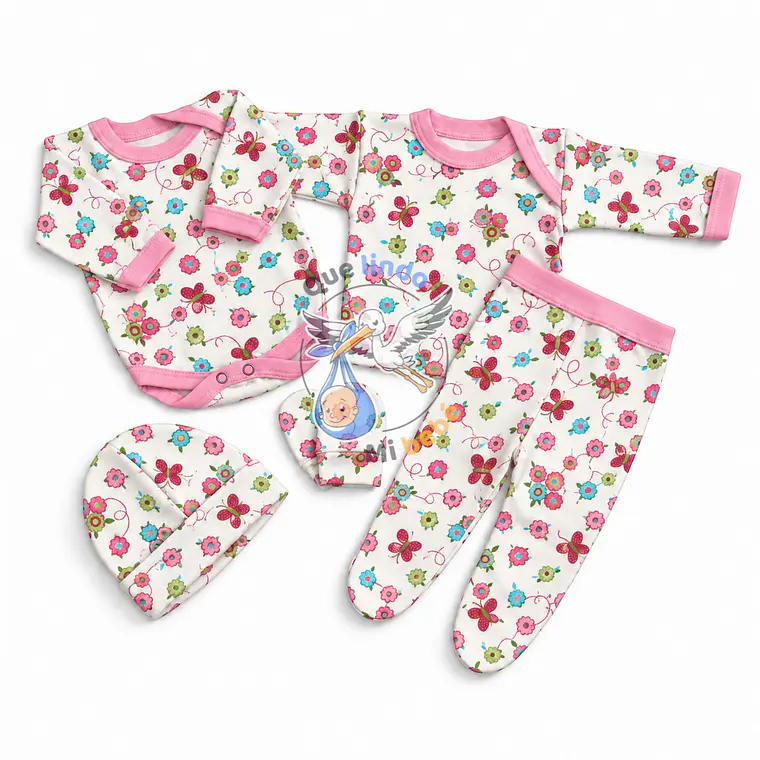 Ajuar 5 Piezas con Diseño Talla 0/3 Meses Blanco/Rosado Mariposas 1