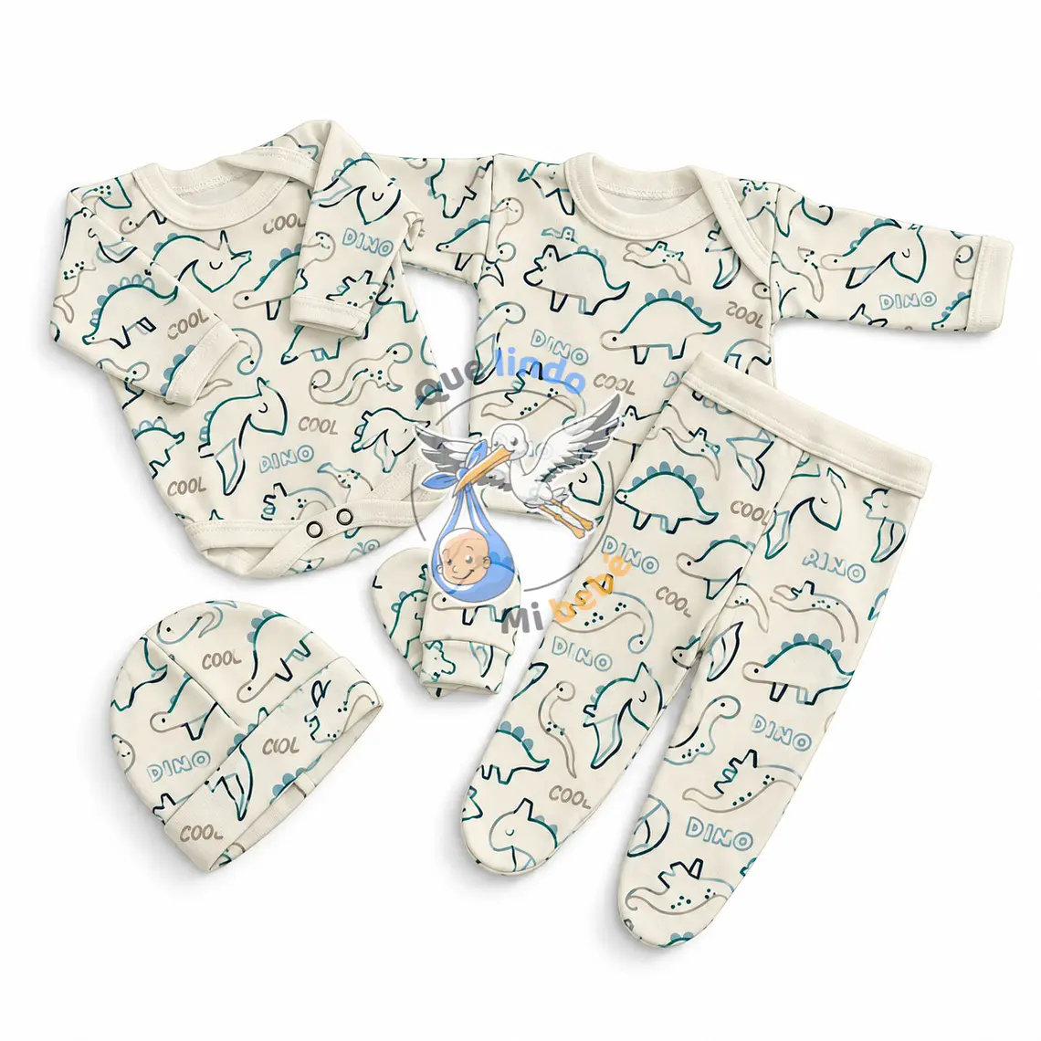 Ajuar 5 Piezas con Diseño Talla 0/3 Meses Blanco/Azul Dinosaurios 1