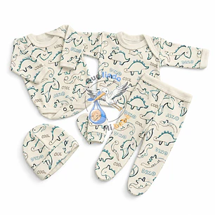 Ajuar 5 Piezas con Diseño Talla 0/3 Meses Blanco/Azul Dinosaurios