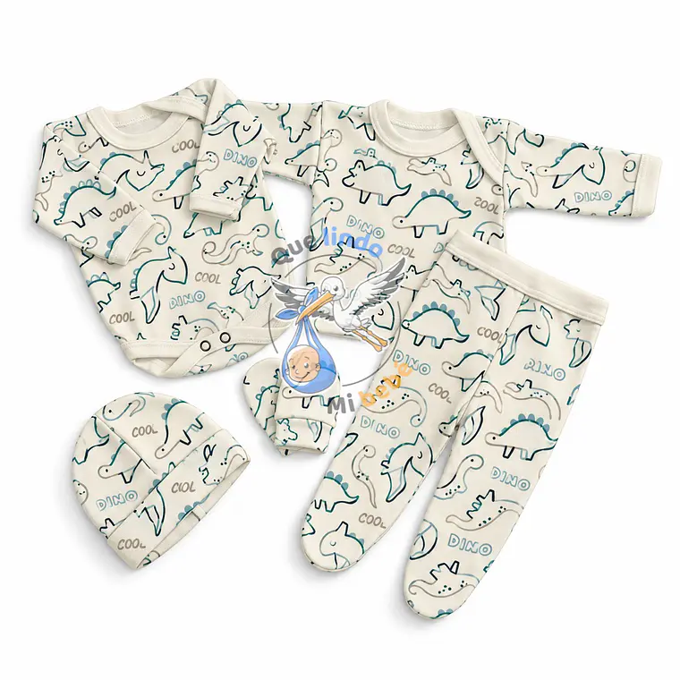 Ajuar 5 Piezas con Diseño Talla 0/3 Meses Blanco/Azul Dinosaurios 1