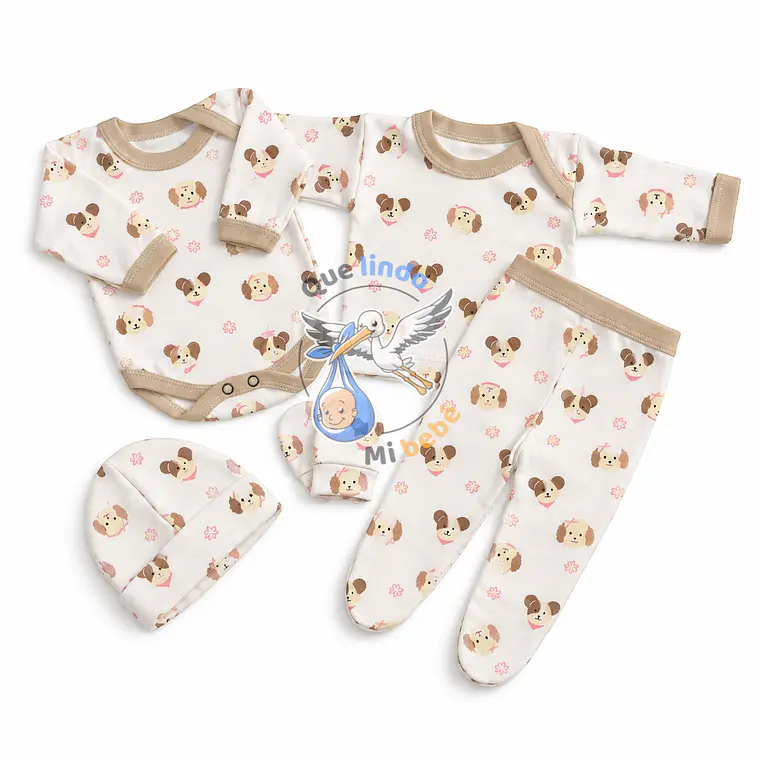 Ajuar 5 Piezas con Diseño Talla 0/3 Meses Blanco/Beige/Rosado Cachorrita 1