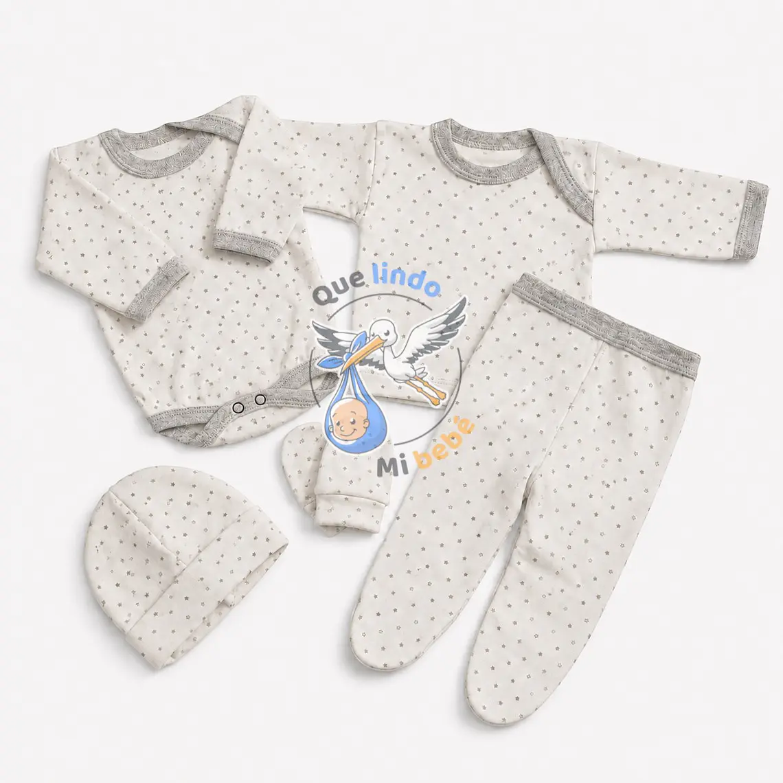 Ajuar 5 Piezas con Diseño Talla 0/3 Meses Blanco/Gris Estrellas 1