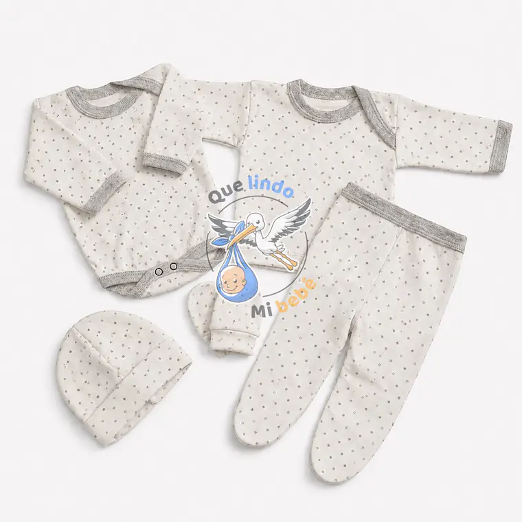 Ajuar 5 Piezas con Diseño Talla 0/3 Meses Blanco/Gris Estrellas 1