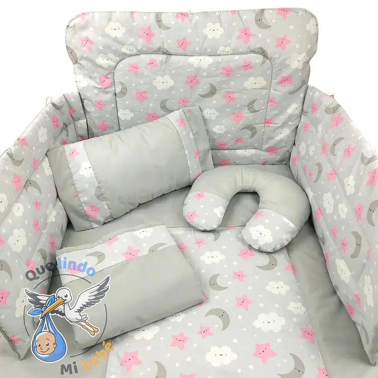 Set Para Cuna Estandar Cielito Gris/Rosado 1