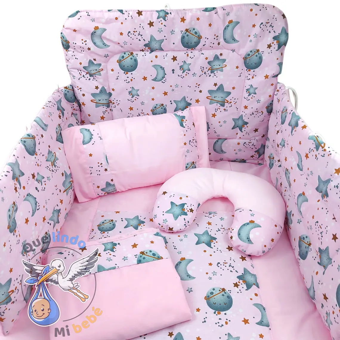 Set Para Cuna Estandar Universo Rosado Gris 1