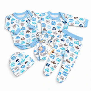 Ajuar 5 Piezas con Diseño Talla 0/3 Meses Blanco/Celeste Autos