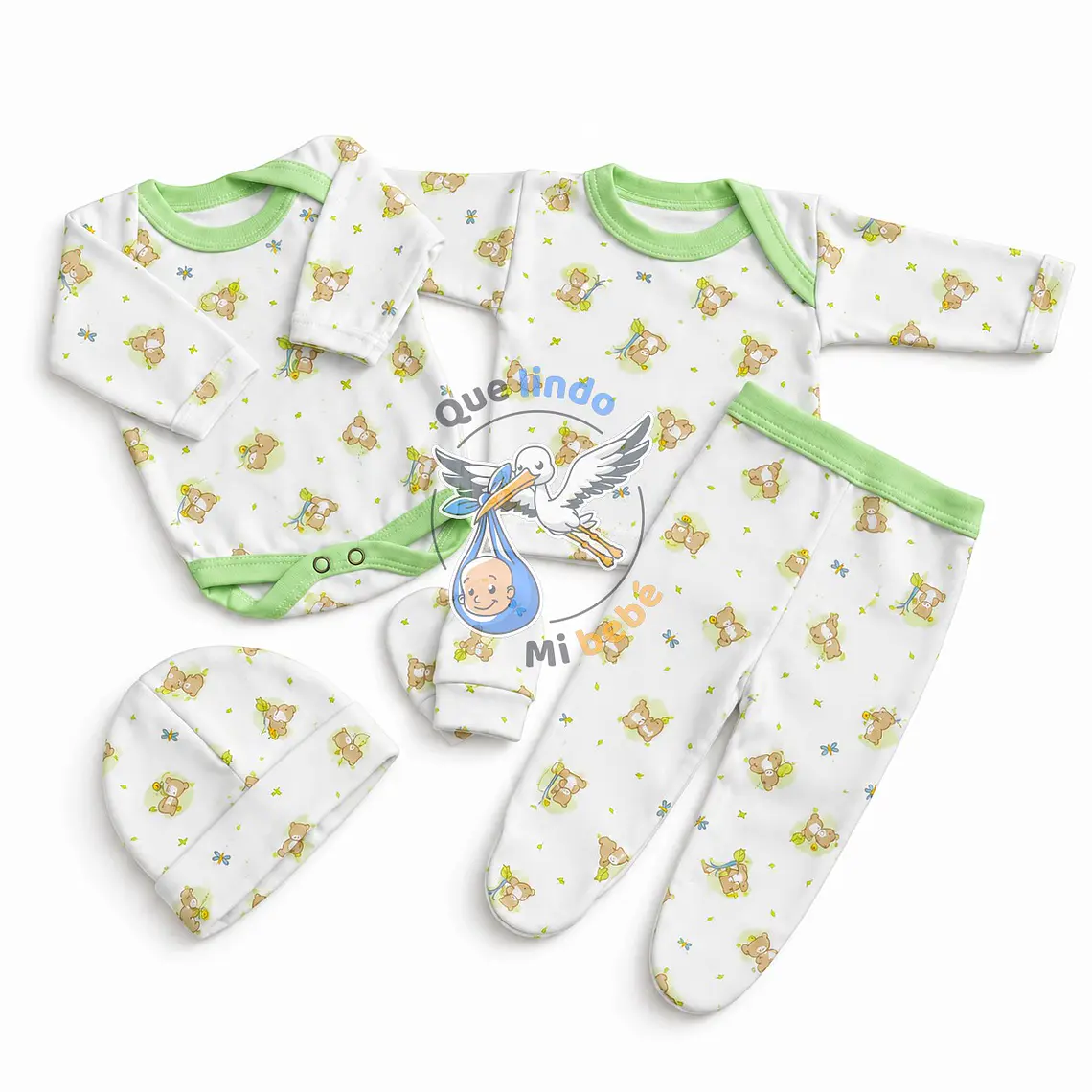 Ajuar 5 Piezas con Diseño Talla 0/3 Meses Blanco/Verde Osito 1