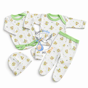 Ajuar 5 Piezas con Diseño Talla 0/3 Meses Blanco/Verde Osito