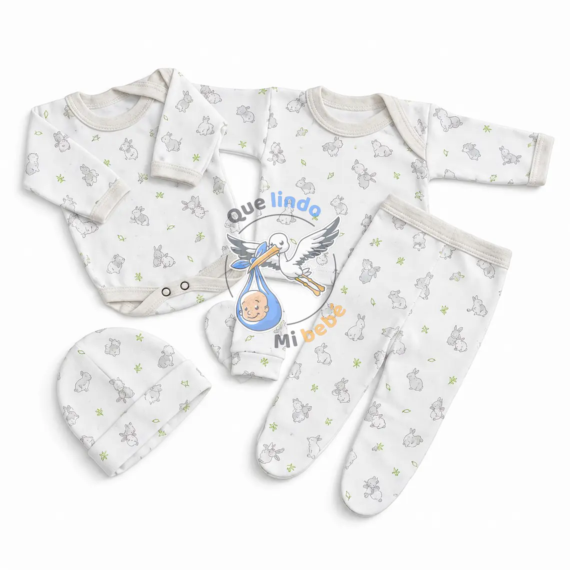 Ajuar 5 Piezas con Diseño Talla 0/3 Meses Blanco/Gris Conejito 1