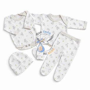 Ajuar 5 Piezas con Diseño Talla 0/3 Meses Blanco/Gris Conejito