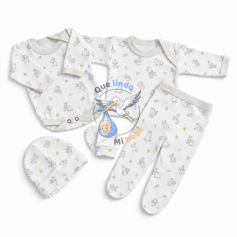 Ajuar 5 Piezas con Diseño Talla 0/3 Meses Blanco/Gris Conejito 1