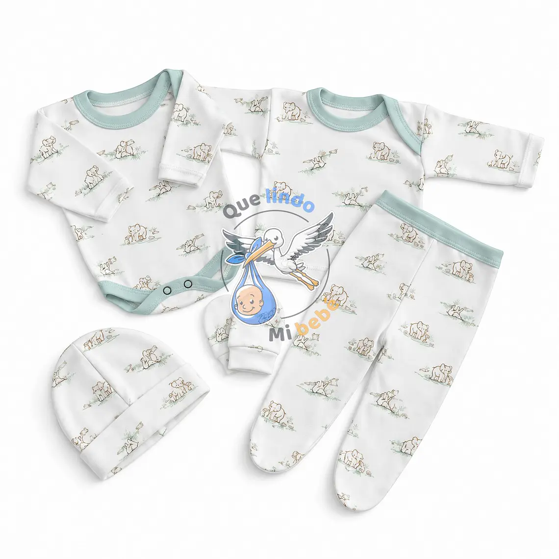 Ajuar 5 Piezas con Diseño Talla 0/3 Meses Blanco/Verde Elefante 1