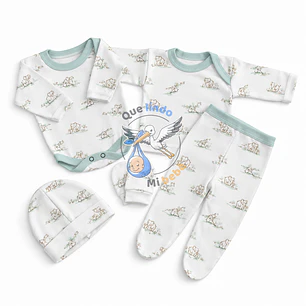 Ajuar 5 Piezas con Diseño Talla 0/3 Meses Blanco/Verde Elefante