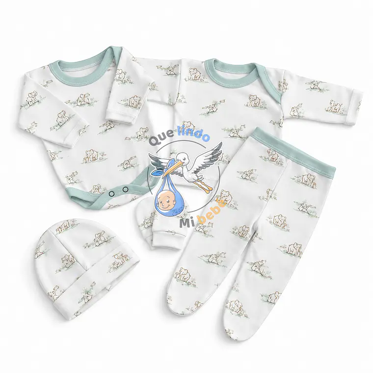 Ajuar 5 Piezas con Diseño Talla 0/3 Meses Blanco/Verde Elefante 1