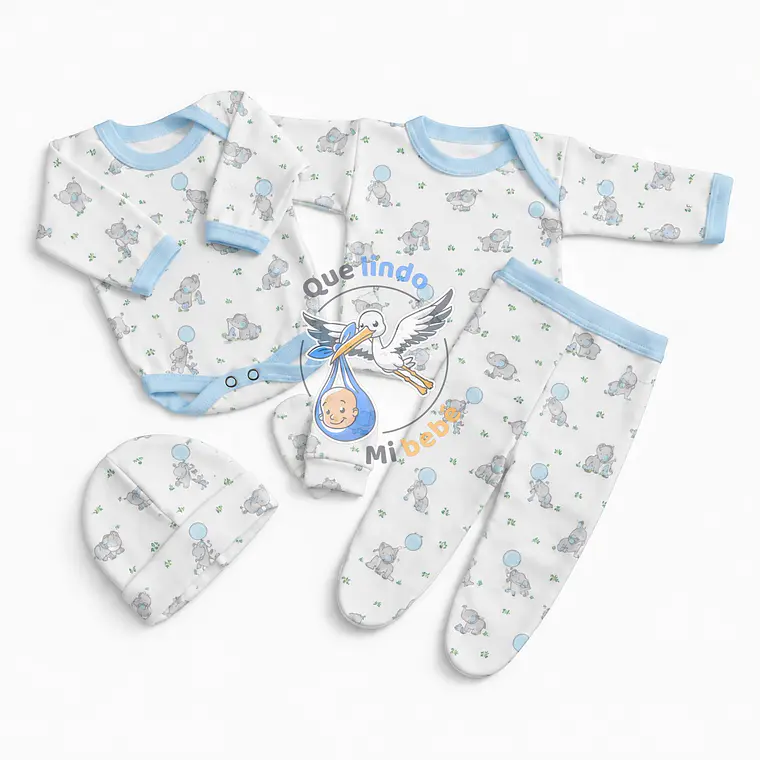 Ajuar 5 Piezas con Diseño Talla 0/3 Meses Blanco/Celeste Elefante 1